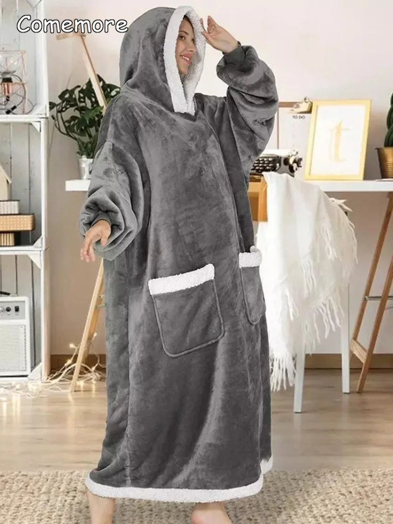 Comemore Winter Oversized Hoodies 2023 Super Long Hooded Blanket with Sleeves Women Men Pullover Fleece Giant TV Blanket 150cm