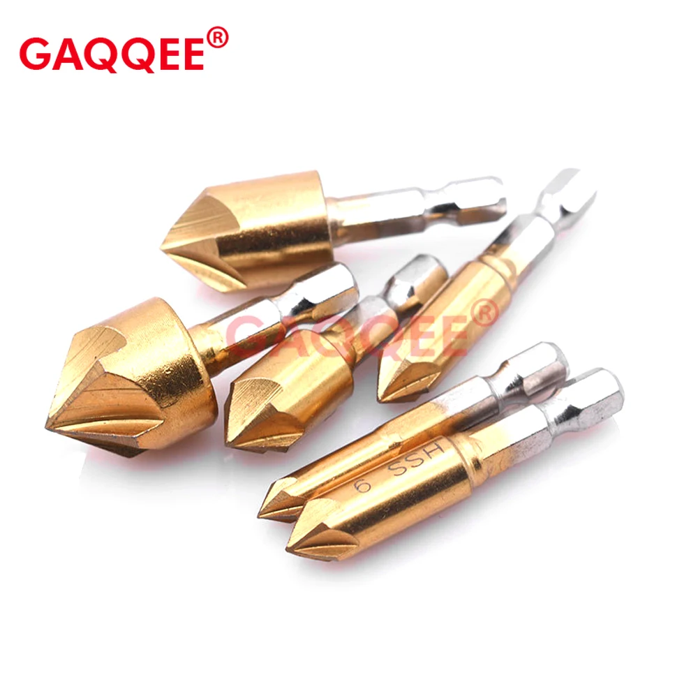 

Gaqqee 6pc Countersink Drill Bit Set 1/4'' Hex Shank HSS 5 Flute Countersink 90 Degree Wood Chamfering Cutter Chamfer 6mm-19mm