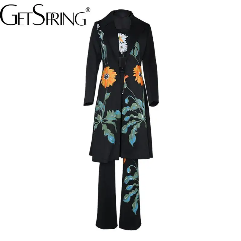 

GetSpring женские брючные костюмы 2022 осень-зима темпераментная Длинная ветровка с укороченным топом и брюками комплекты из трех предметов Нови...