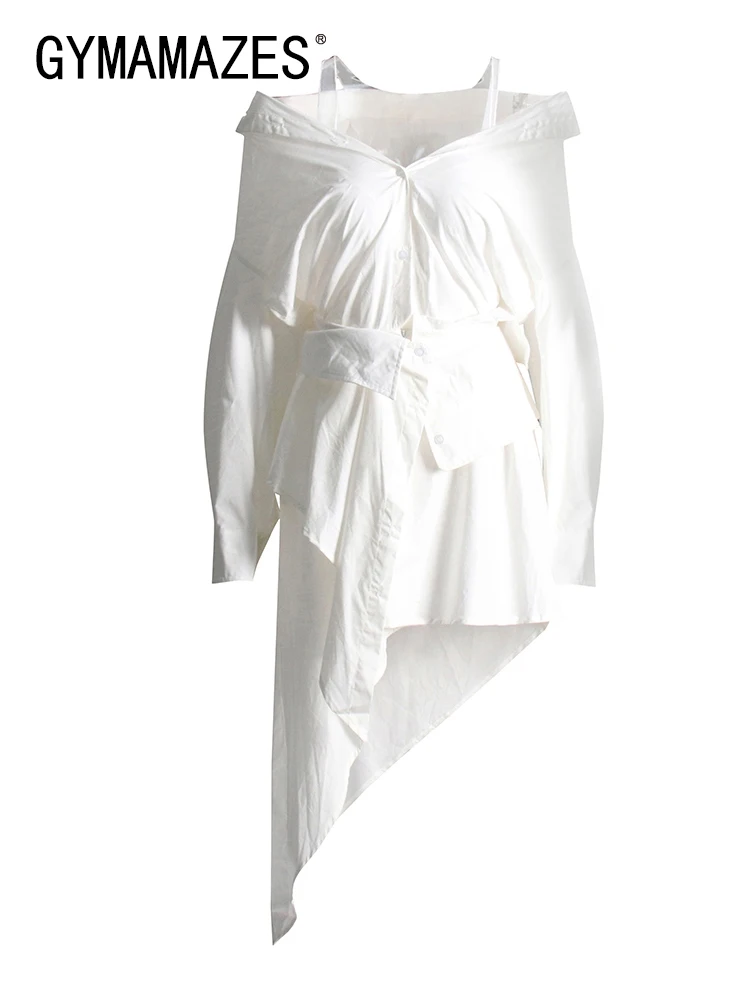 

GYMAMAZES Asymmetrical Dress For Women V Neck Long Sleeve Gathered Waist Patchwork Ruched Mini Dresses Female Clothing Fashion