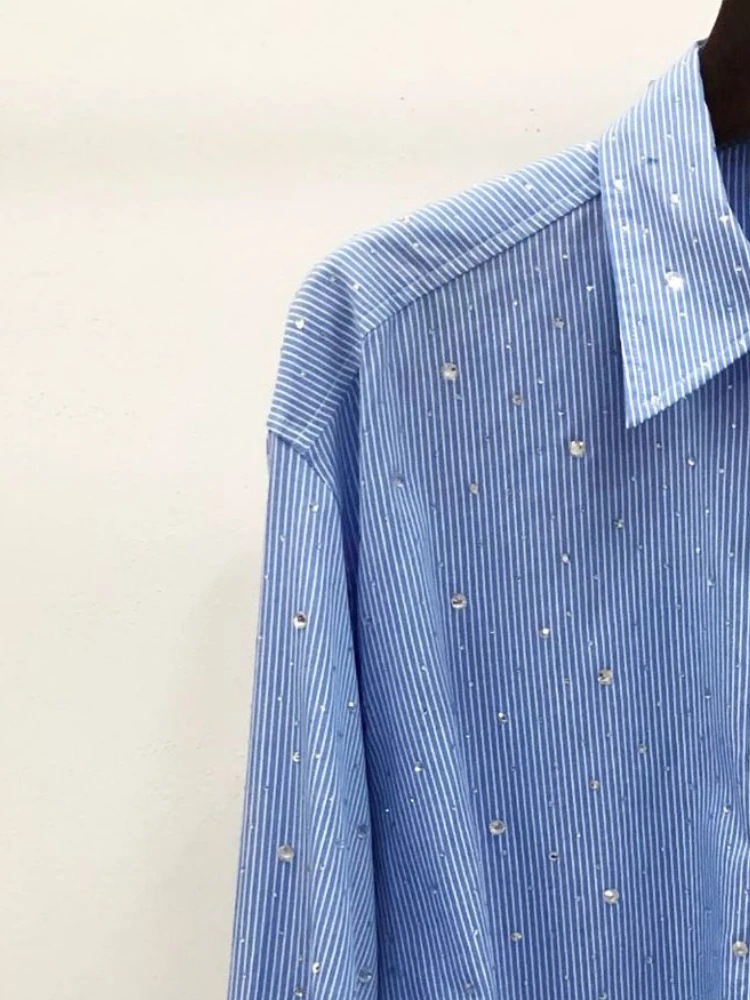 

Лидер продаж 2022, женская рубашка в сине-белую полоску со стразами спереди и сзади