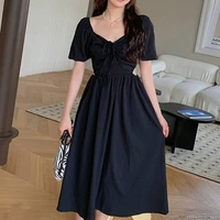womens dresses 2022 summer elegantes bubble sleeve drawstring hollow out bow v neck solid white black sexy party dresses 2912