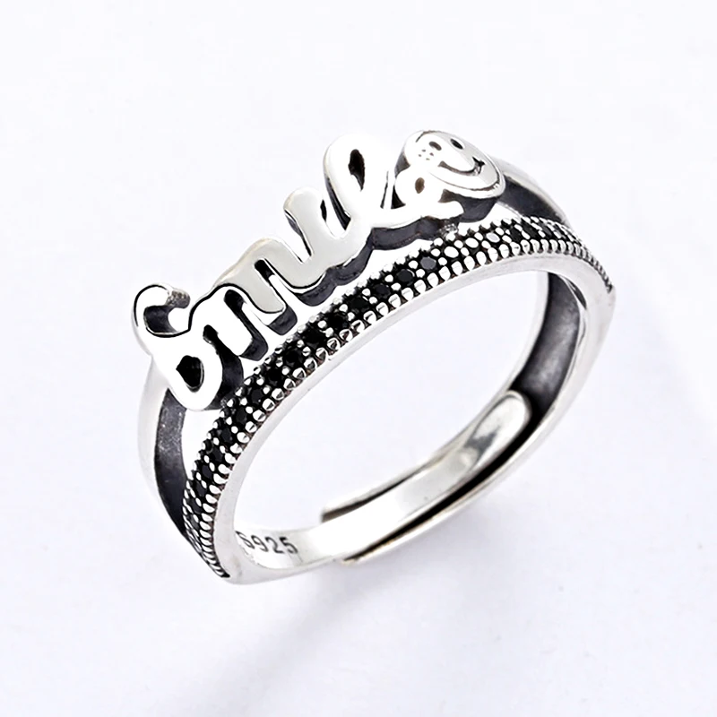 

Soild S925 Sterling Silver Rings for Women Retro Smile Smiley Korean Men Punk Hip Hop Simple Party Ring Fine Jewelry Accessories
