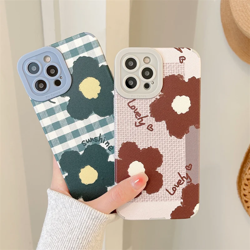 

Fashion Cute Green Red Checkered Flower Phone Case For iPhone 13 12 Mini 11 Pro XS Max SE 2020 X X 7 8 6 6S Plus Shockproof Case