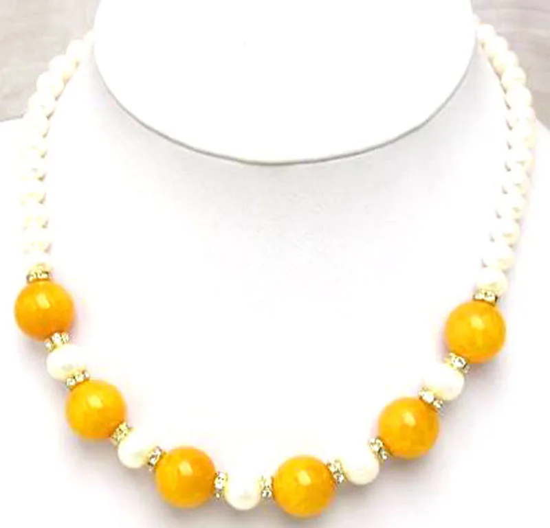 

Qingmos 6-7mm Round Natural White Pearl Necklace for Women Jewelry with 12mm Orange Jade Pendant Necklace Chokers 17"