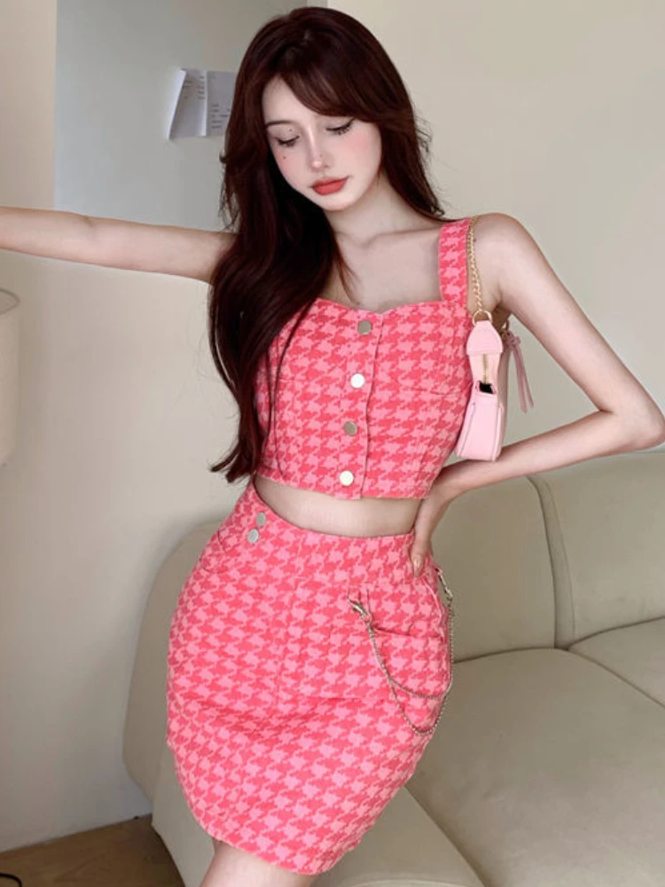 

Summer Pink Plaid Sexy Two Piece Sets Women Designer Midriff Tank Party Mini Skirts Sets Female Casual Kawaii Skirt Suits 2022