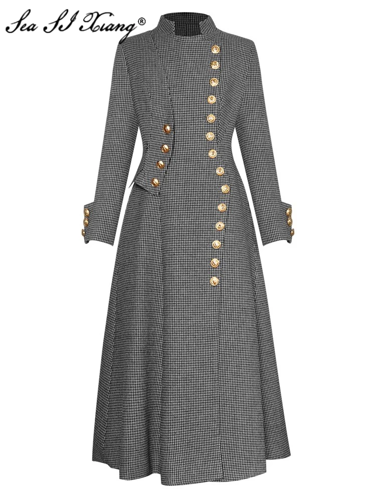 

Женский клетчатый твидовый тренчкот Seasixiang, дизайнерский однобортный тренчкот с воротником-стойкой и длинным рукавом, винтажная верхняя одежда на осень