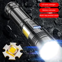 portable led flashlight cob torch zoom camping lamp portable 18650 lithium battery lantern mini black 2000lm side light p160 led