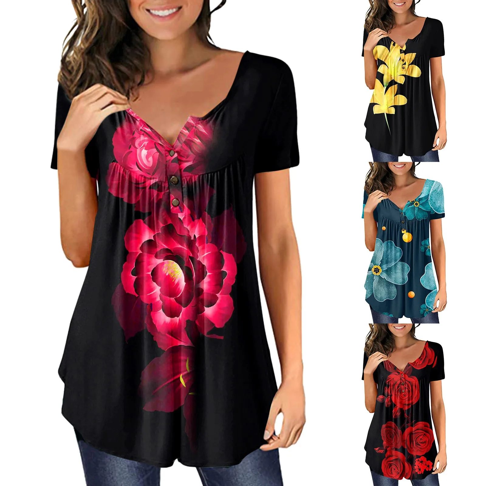 

Женские Модные топы, туника со скрытым животом, летняя женская футболка с милым цветочным принтом, женские летние топы, повседневные платья