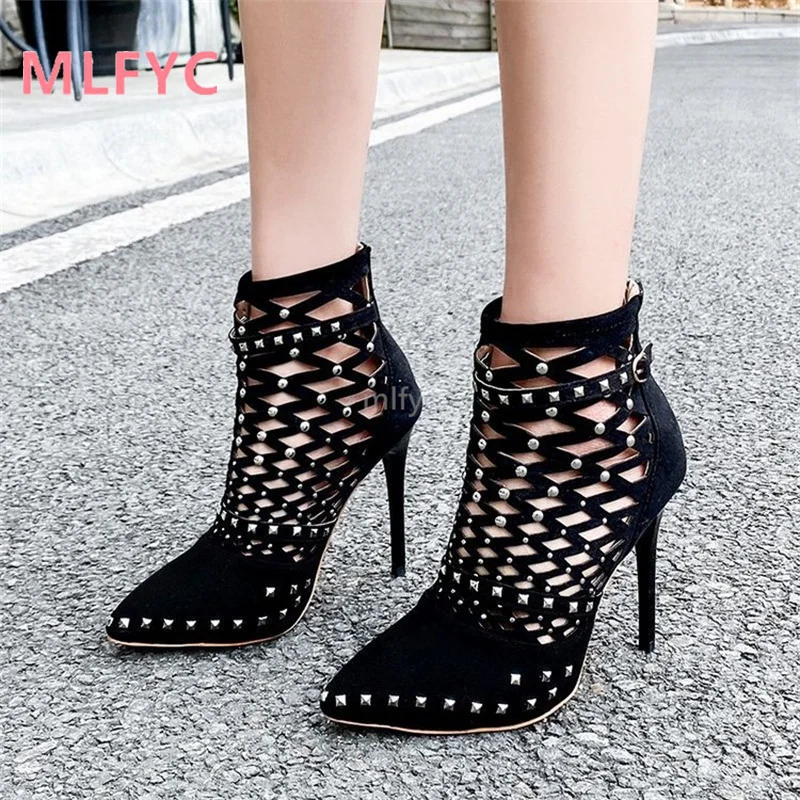 

2021 summer new large size hollow rivet high-heeled suede sandals pointed toe high-top Roman shoes sandals heels women shoes