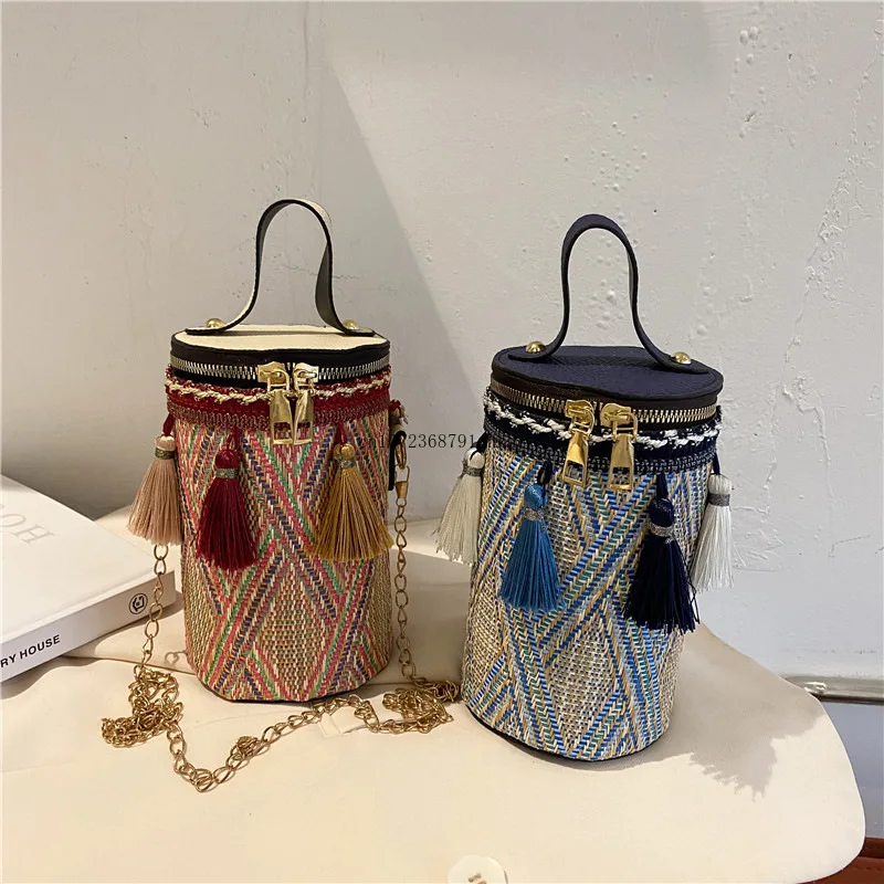 2023 New Women's Bag Fashion Korean Women Bag Summer Ethnic Style Western Style Bucket Tassel Messenger Bag Clutch Bag Handbag