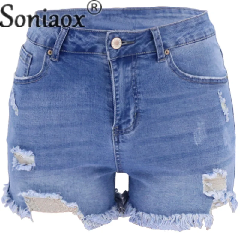 Fashion Trend Broken Holes Denim Shorts Ladies Summer Street Casual High Waist Button Three Quarter Pants Women's Straight Jeans