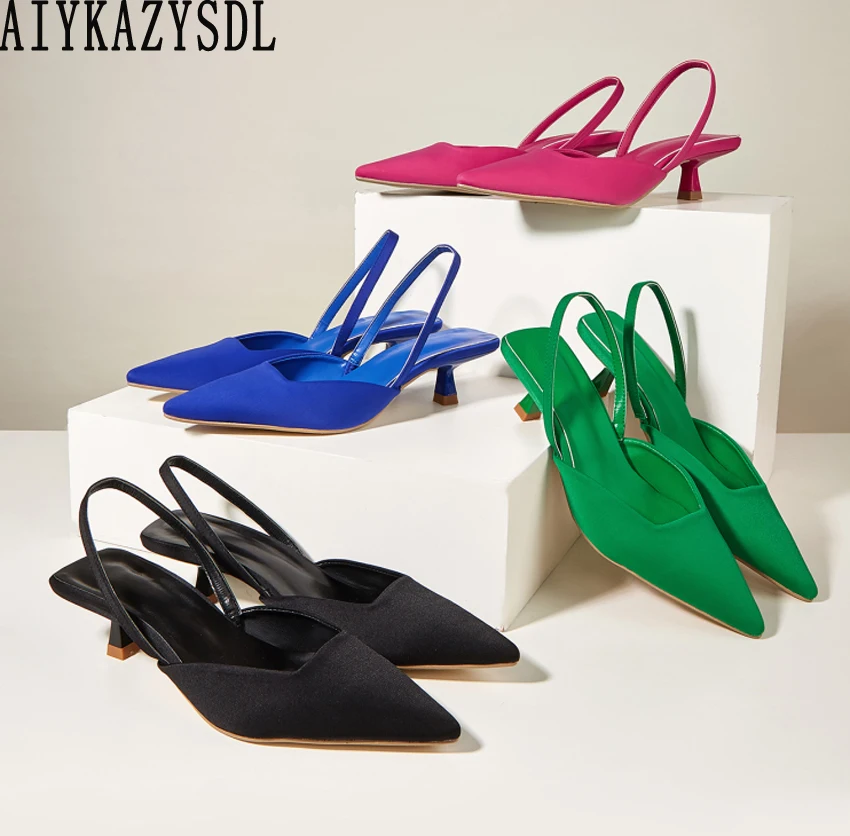 

Женские однотонные босоножки AIYKAZYSDL, синие, зеленые туфли-лодочки на тонком низком каблуке, модные туфли с острым носком и ремешком на пятке, ...