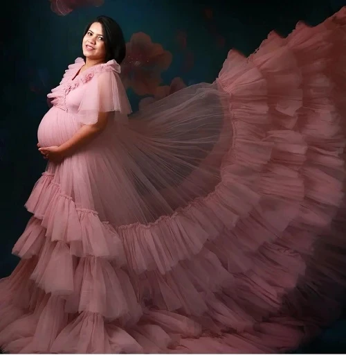 

Розовое платье для беременных женщин с оборками в несколько рядов платье с разрезом спереди для фотосессии для беременных многоярусная юбка длинное платье одежда для сна для невесты
