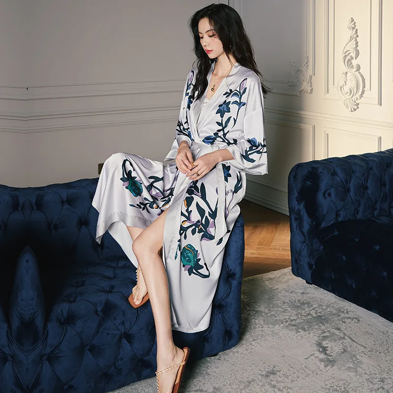 

Spring Summer New Women Loose Casual Robe Long Sleeve Lady Homewear Silk Satin Female Print Sexy Bathrobe Sleepwear