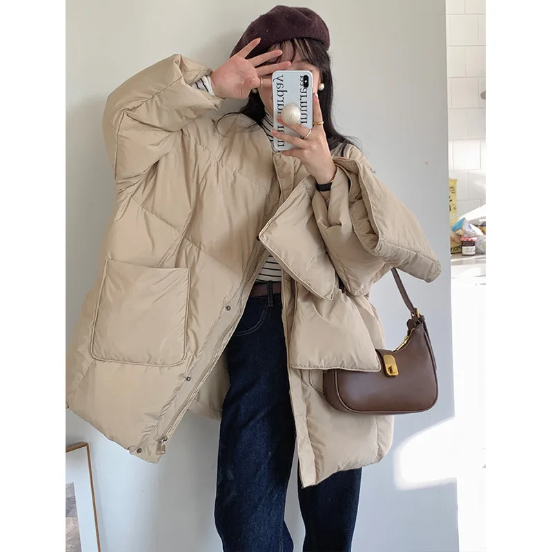 Autumn and Winter New Down Jacket Women's Medium-length Jacket with Scarf Loose Thickened Bao'nua White Duck Down Jacket Tide