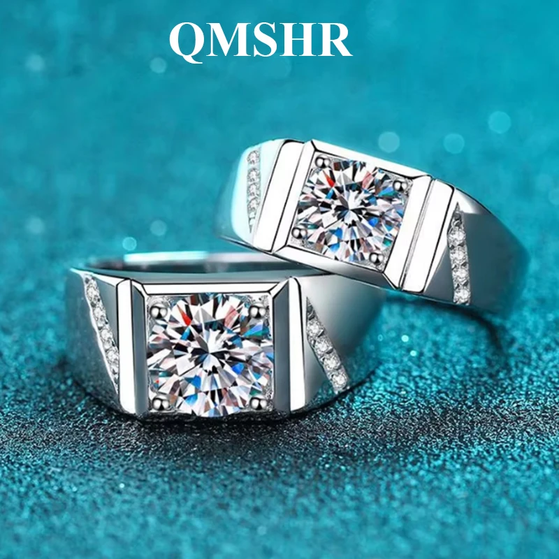 Фото Мужские кольца QMSHR с муассанитом, регулируемый размер, 1 карат, серебро 925 пробы |   Ювелирные украшения с муассанитом бриллиантовой огранки для помолвки №1