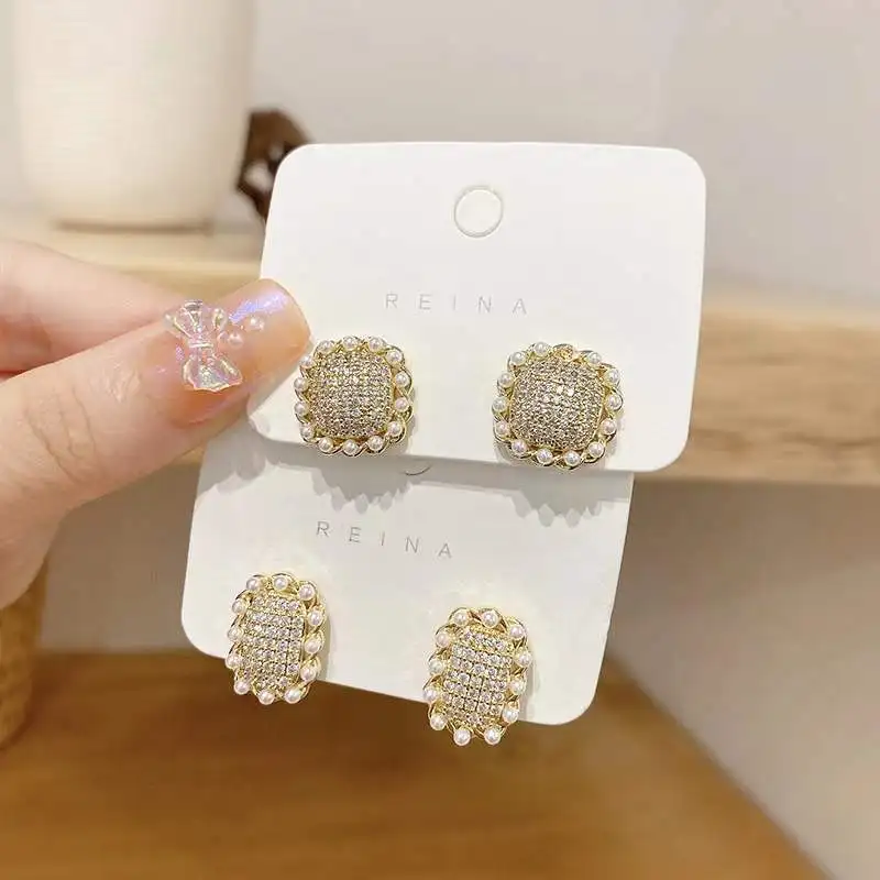

Elegant Squer Stud Earrings for Women Girl Korean Zircon Light Luxury Wedding Bride Temperament Cute Pearl Earring Jewelry Gift