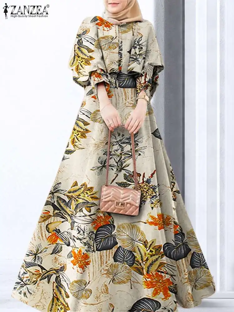 

ZANZEA Women Bohemian Muslim Maxi Dresses Floral Printed O-Neck Long Sleeve Jilbab Abaya Robe Elegant Casual Loose Holiday Dress