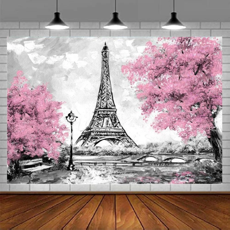 

Paris Eiffel Tower Photography Backdrop For Pink Flowers Trees Photo Lover Wedding Studio Props Background Banner Poster
