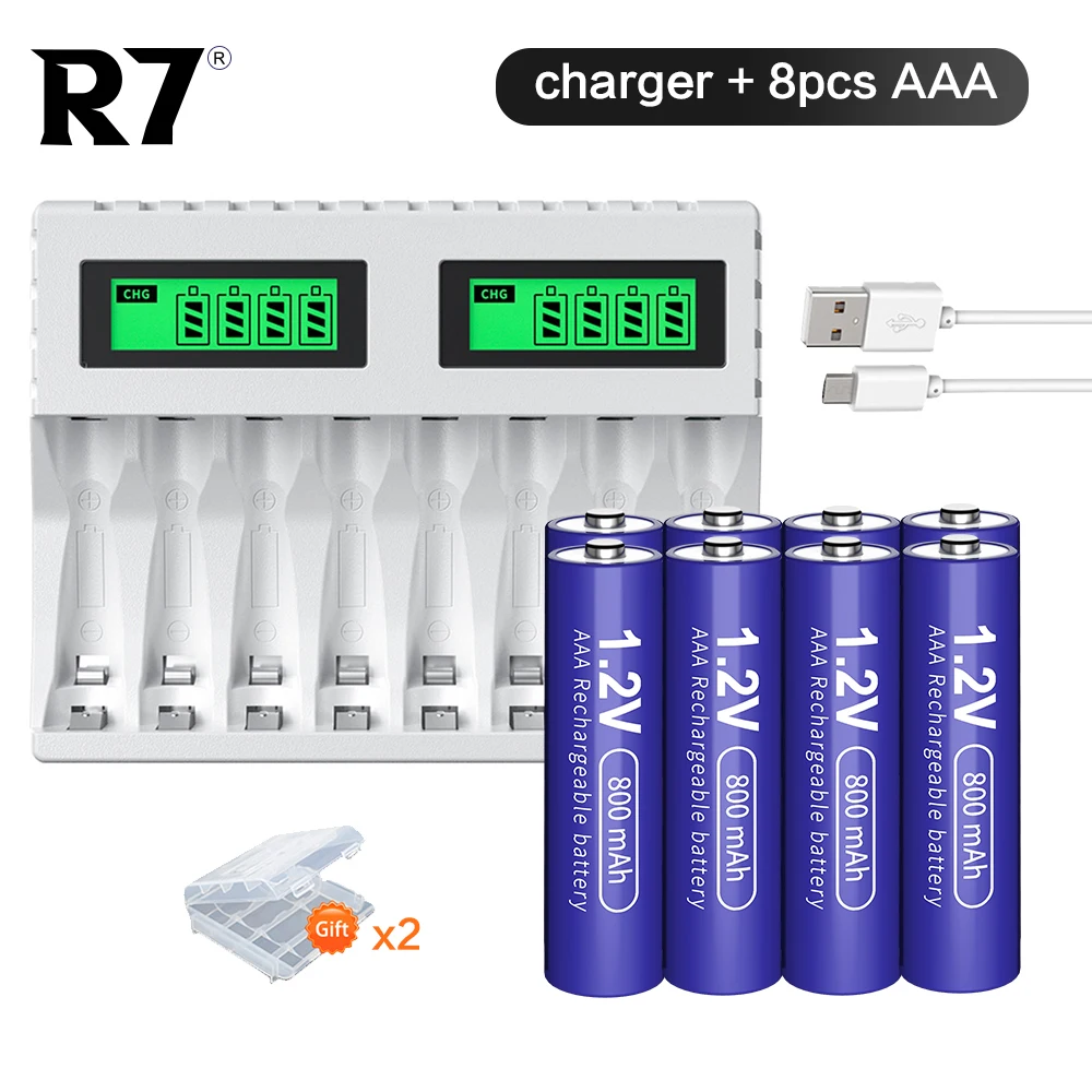 

R7 1.2V AAA rechargeable battery 1.2V aaa nimh battery 800mAh 3A + 8-slot Smart Fast Battery Charger for 1.2V AA/AAA batteries