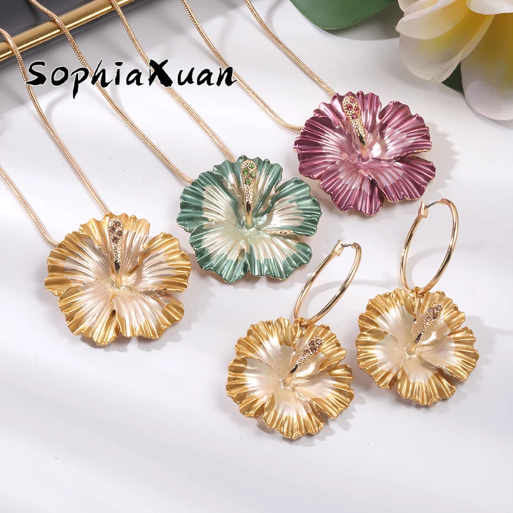 

SophiaXuan, новинка 2022 года, модные эмалевые серьги-кольца, ожерелье, набор для женщин, цветы гибискуса, ювелирные изделия, ожерелья, серьги, набор...