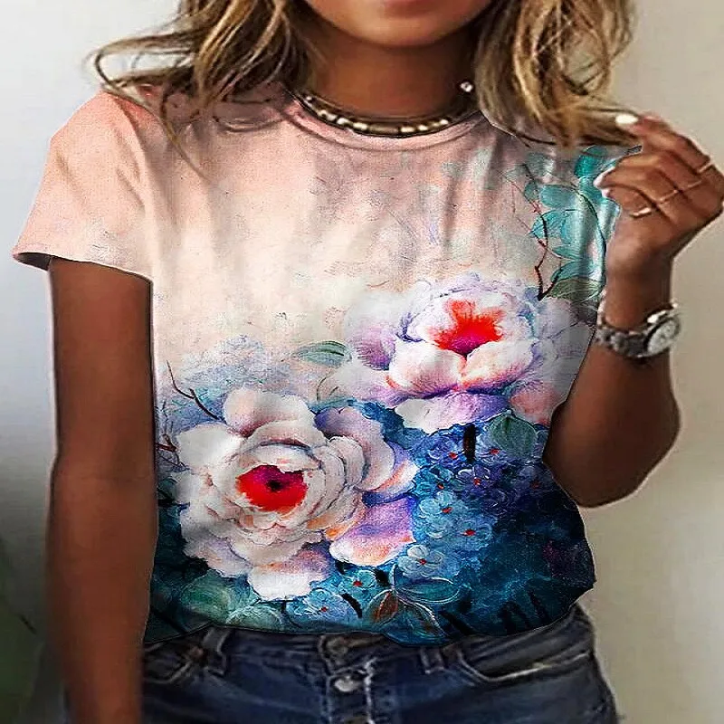 

Druk 3D nowy letni kwiat motyw moda damska odzież wycięcie pod szyją T-Shirt w za dużym rozmiarze poliestru