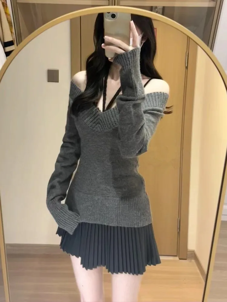 Sister Gao Zhi Вязаный свитер с v-образным вырезом Женская плиссированная юбка