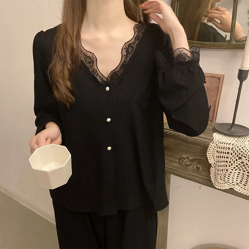 Black Lace Pajamas Spring and Autumn Women's Long Sleeve Pure Cotton Thin V-neck Home Clothes 2022 New Suit Casual