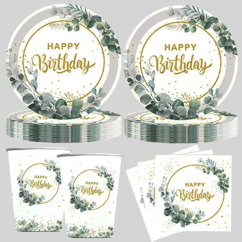 

Green Leaf Gold Letter Disposable Tableware Paper Plates Cups Gender Reveal Happy Birthday Party Decoration Baby Shower Supplies