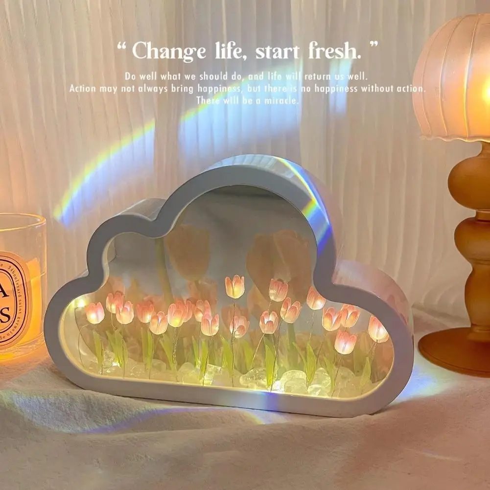 

Handmade DIY Cloud Tulip Mirror Small Night Light INS Girl Birthday Night Living Gift Desktop Decor Room DIY Light Heart O2A4