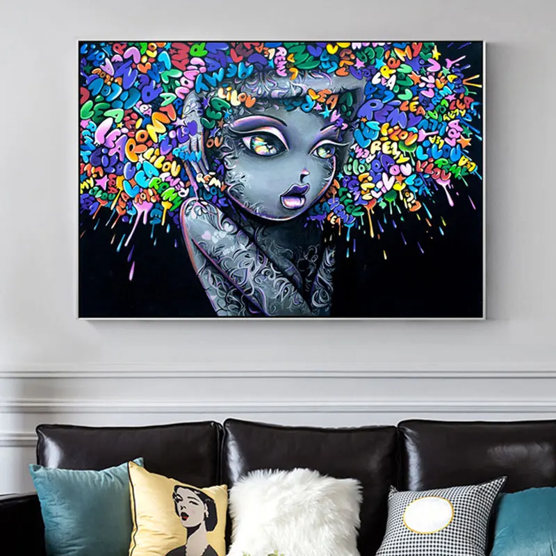 Ful Hair Street Wall Art Abstract Prints Picture For Living Room Decoration Black Woman Graffiti Canvas Painting