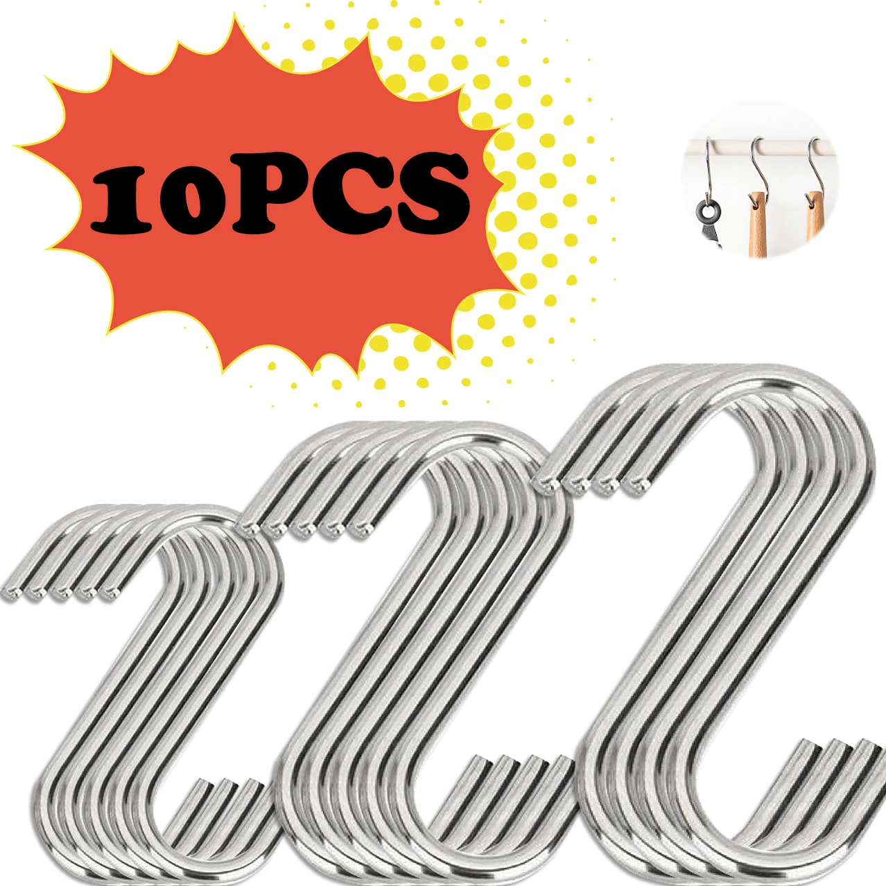 

10PCS Stainless Steel S-shaped Hook Home Storage Hanging Clothes Rack Suitable for Bathroom Kitchen Railing Living Room Hangs