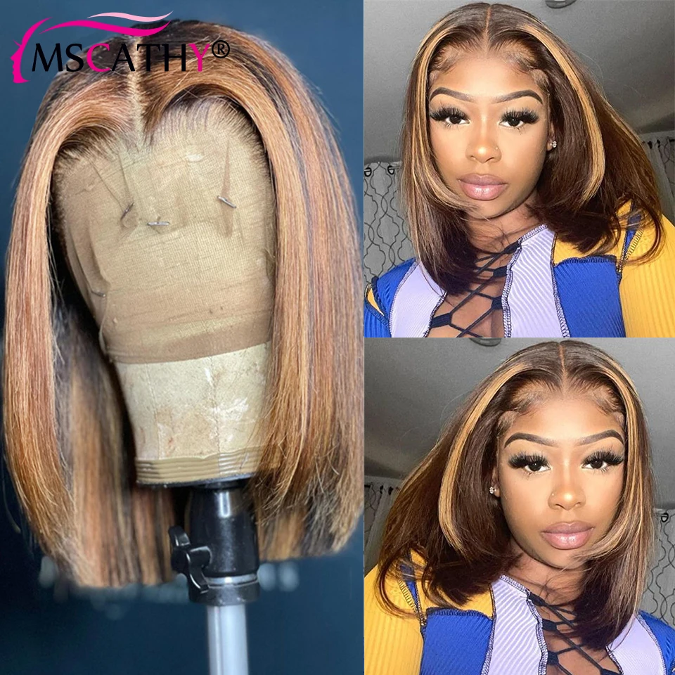 

13x4 Glueless Honey Blonde Highlight Lace Front Wig Brazilian Remy Human Hair Bob Wig HD Transparent Lace Closure Wigs For Women