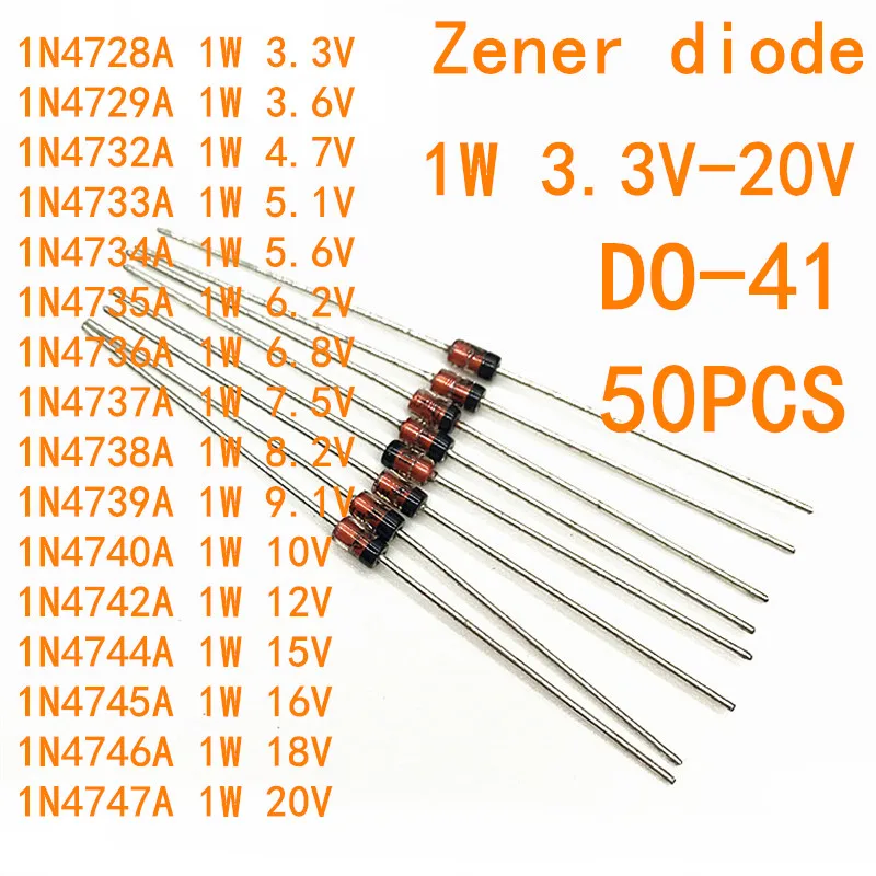 Комплект стабилитронных диодов 1N4728A-4747A, 1 Вт 3,3 в-20 в 4729A 4732A 4733A 4734A 4735A 4736A 4737A 4738A 1N4739A 4740A 4742A 4744A 4745A