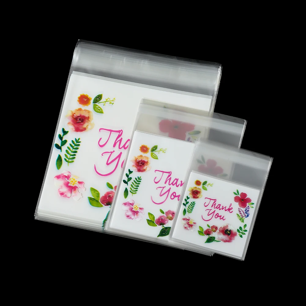 100 шт./лот пластиковый прозрачный пакет самоклеящиеся пакеты с цветочным узором