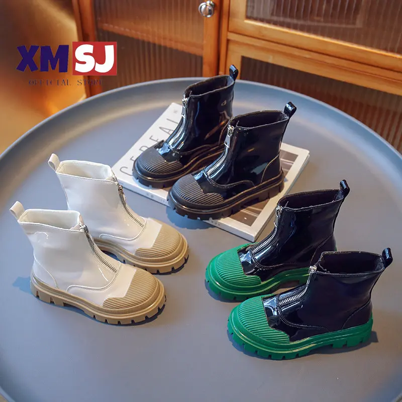 

Girls Boots Kids Britain Style Front Zip Versatile Cool Glossy Waterproof Kids Fashion Spring and Autumn New Boys Ankle Boots PU