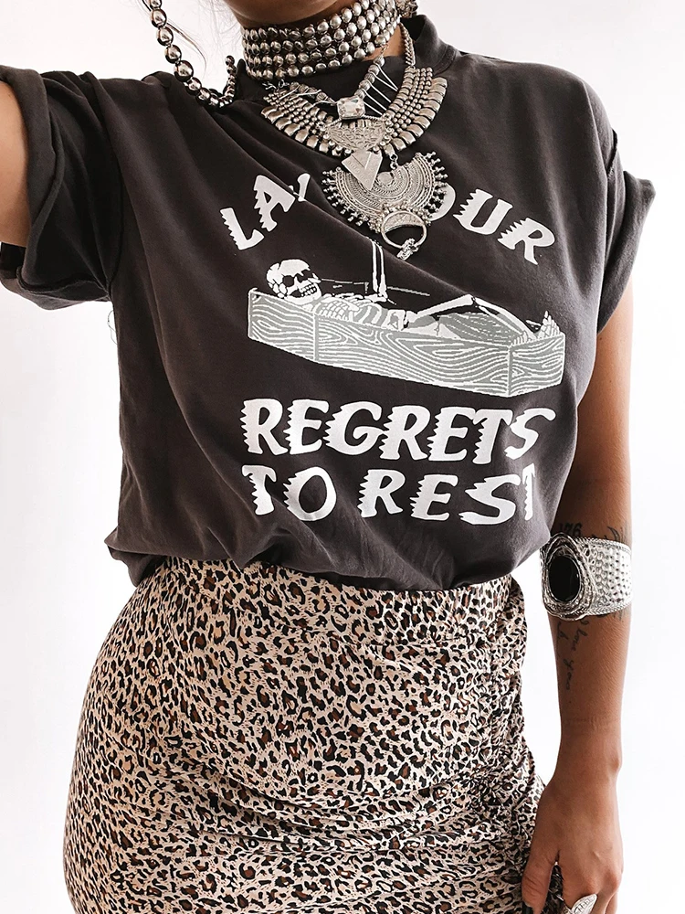 

Женские футболки с рисунком скелета и черепа, летние свободные Винтажные Футболки с разрезом сбоку для девочек 90-х, Y2K