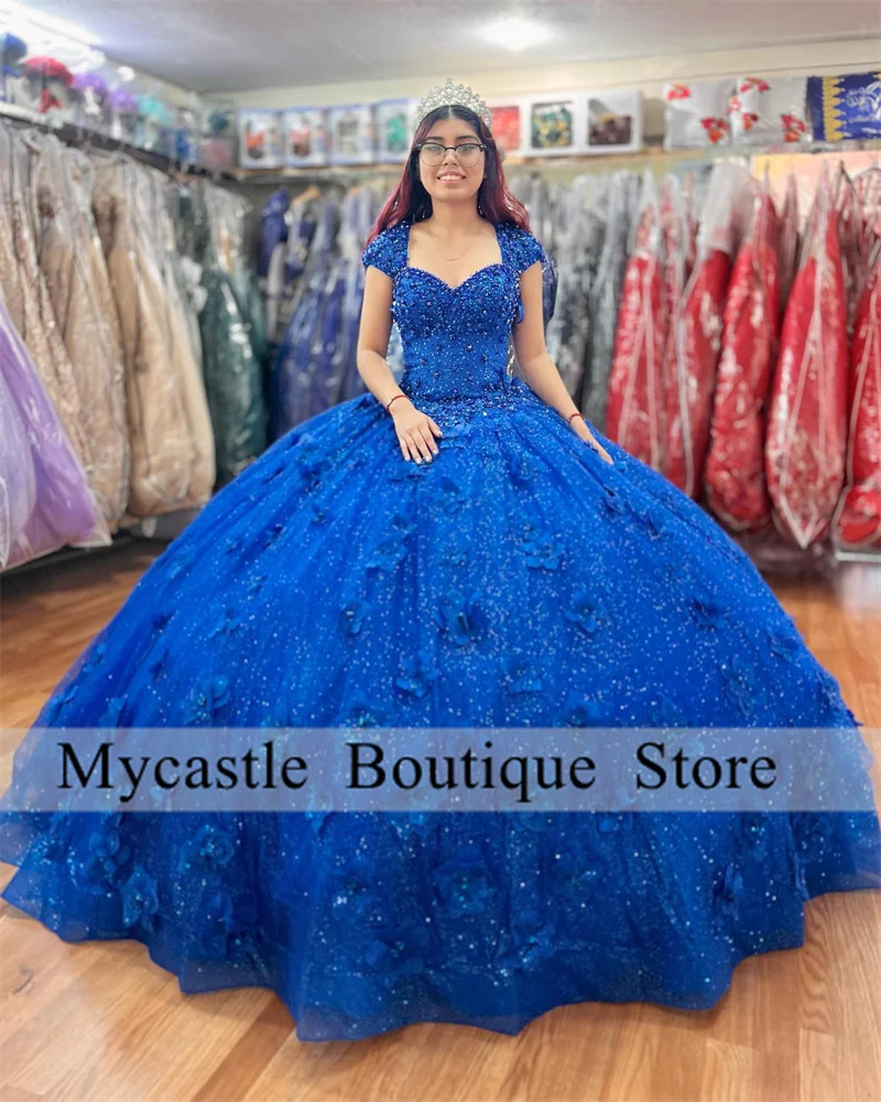 

New Royal Blue Lace Ball Gown Quinceanera Dresses 2022 With Beaded 3D Flowers Sweet 16 Dress Lace Up Vestidos De 15 Años