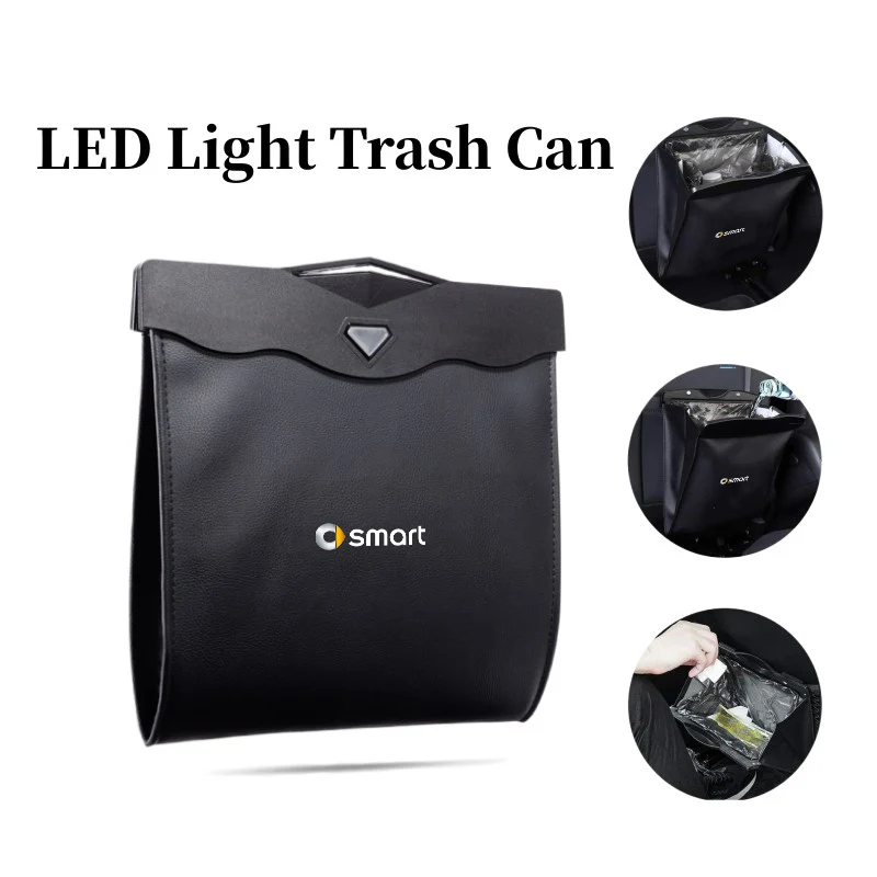 

LED Car Back Seat Hanging Trash Can Leather Storage Pocket For Smart Fortwo 451 450 453 EQ Forfour Coupe Cabrio Crossblade