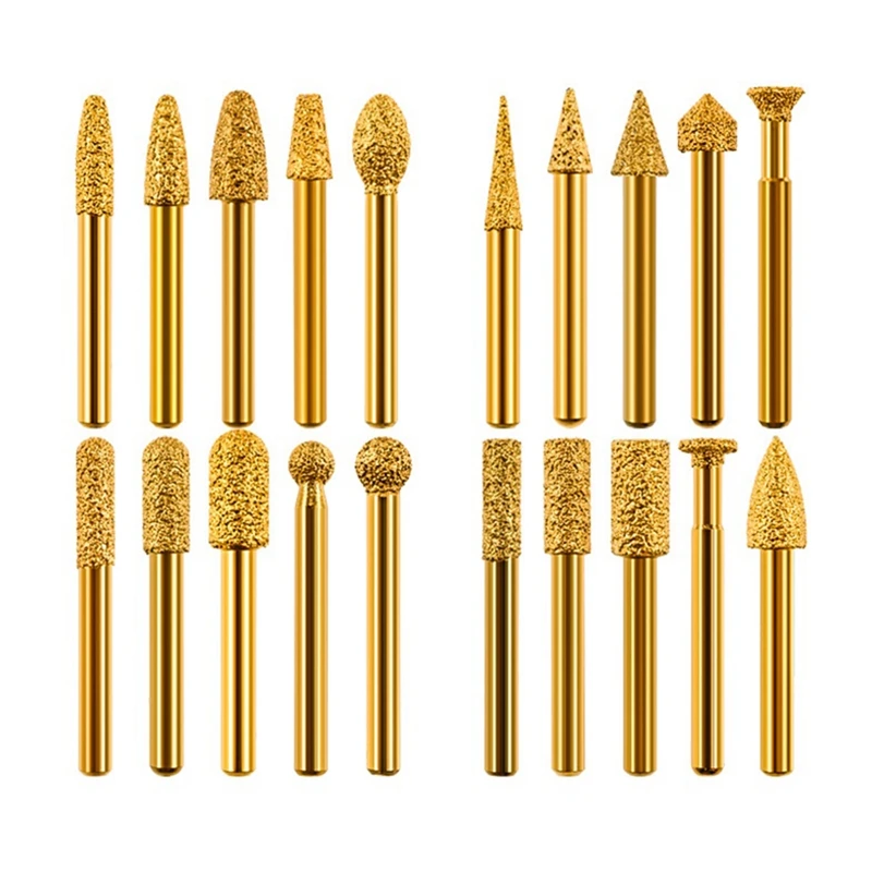 

20 шт. паяная алмазная шлифовальная головка, 6 мм хвостовик, Золотая гравировка, шлифовальная игла для мрамора, железа, запчасти для электроинструмента