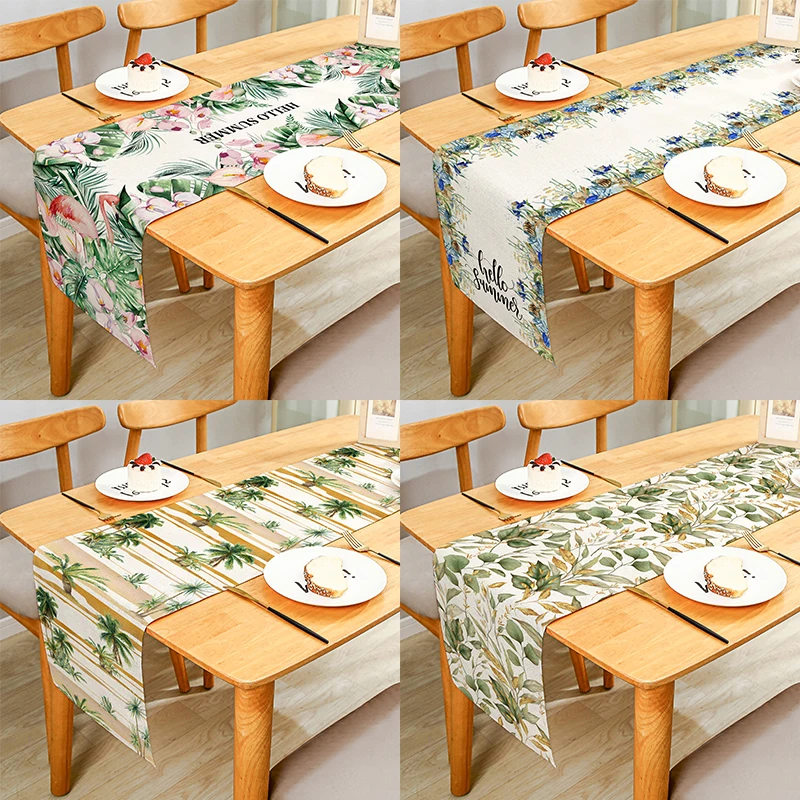 

Summer Tropical Plants Shell Flamingo Pattern Linen Table Runner Cloth Cover Anti-Slip Stain For Dinner Celebrate Party Decor