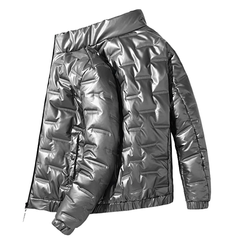 Winter Shiny Down Jacket Mens Cotton Clothes Warm Thicken Glossy Down Jacket Fashion Solid Color Stand Collar Men Casual Coat