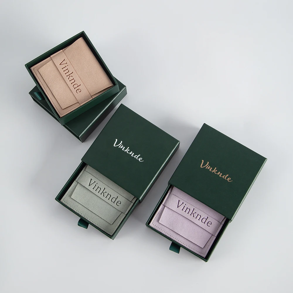 Custom Logo Printed Microfiber Suede Pouch Jewellery Box Sliding Drawer Paper Cardboard Boxes Case Earrings Rings Packaging Bag