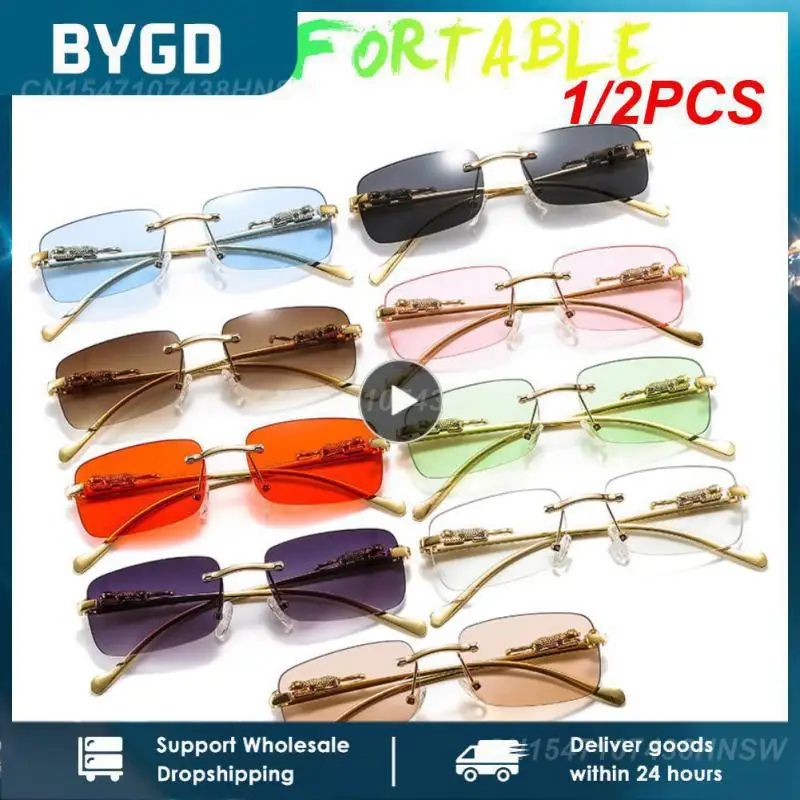 

1/2PCS Vintage Unique Cheetah Rimless Rectangle Sunglasses Women Men Candy Colors Clear Lens Eyewear Brand Designer Sun Glasses