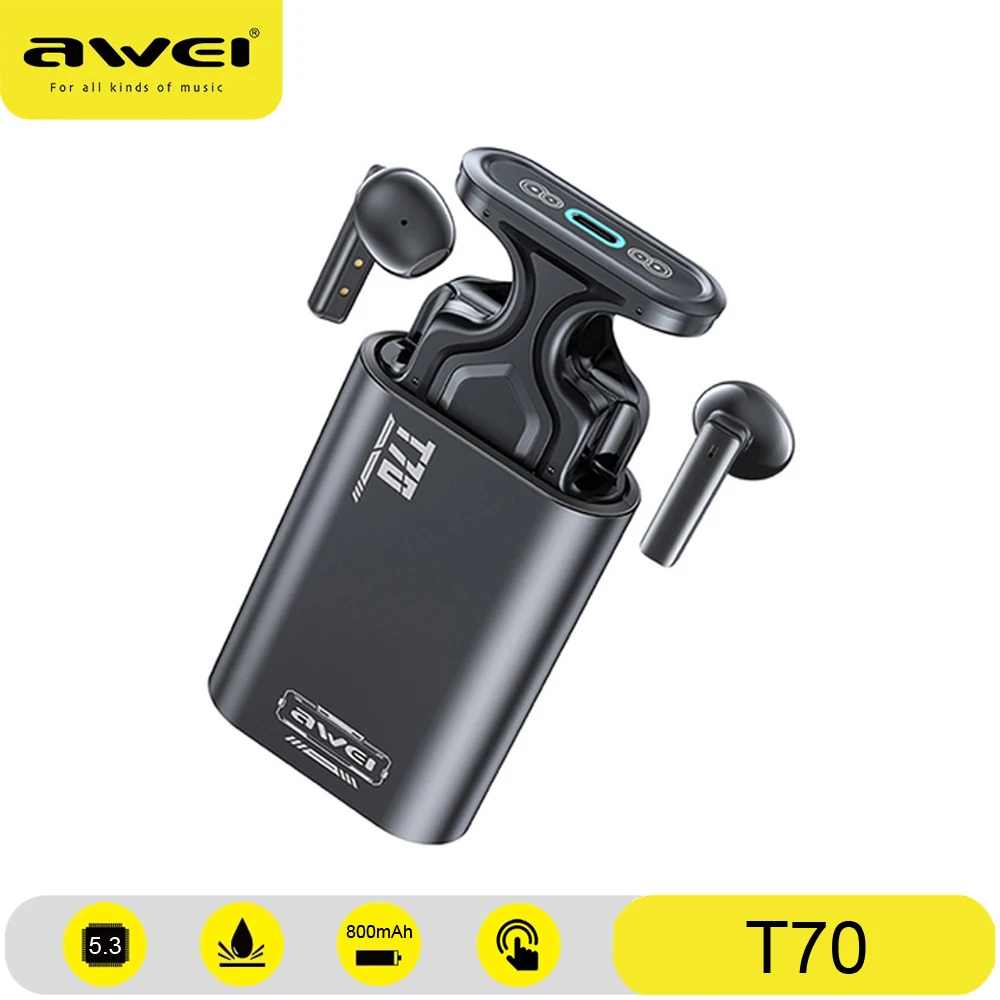 

Awei T70 Bluetooth 5.3 TWS HiFi Wireless Earphone With ENC Calls Noise Reduction Touch Electric Lifting Metal Charge Compartment