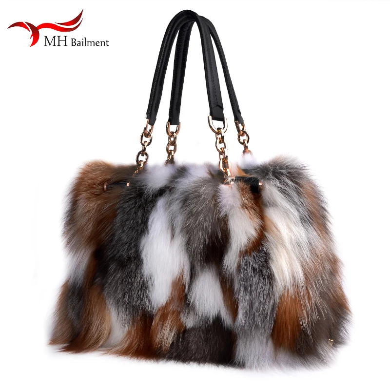 Women Fur Bag 100% Nature Silver Fox Fur Clutch Bags Winter New Designer Luxury Plush HandBag Big Shoulder Messenger Bag Lady