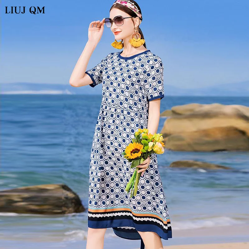 

Summer Women Elegant Dots Dresses Beach Maxi Silk Dress 2022 Vintage Print Plus Size Dress Short Sleeve Bodycon Party Vestidos