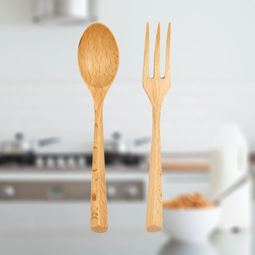 

2 Portable Beech Spoon Fork Set Western Serving Spoon Fork Smooth Handle Tableware Set