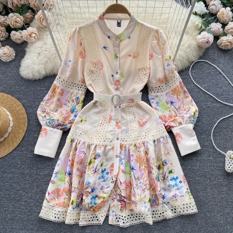 

WEIHAOBANG 2022 Summer Women's New Printed Round Neck Single Breasted Long Sleeved Belt Slim Fit Medium Length A-line Skirt
